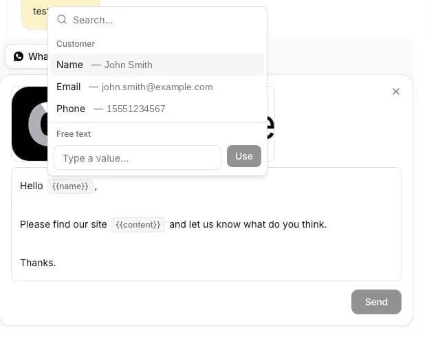 Inline template editor showing variable mapping popover with customer fields and free text options