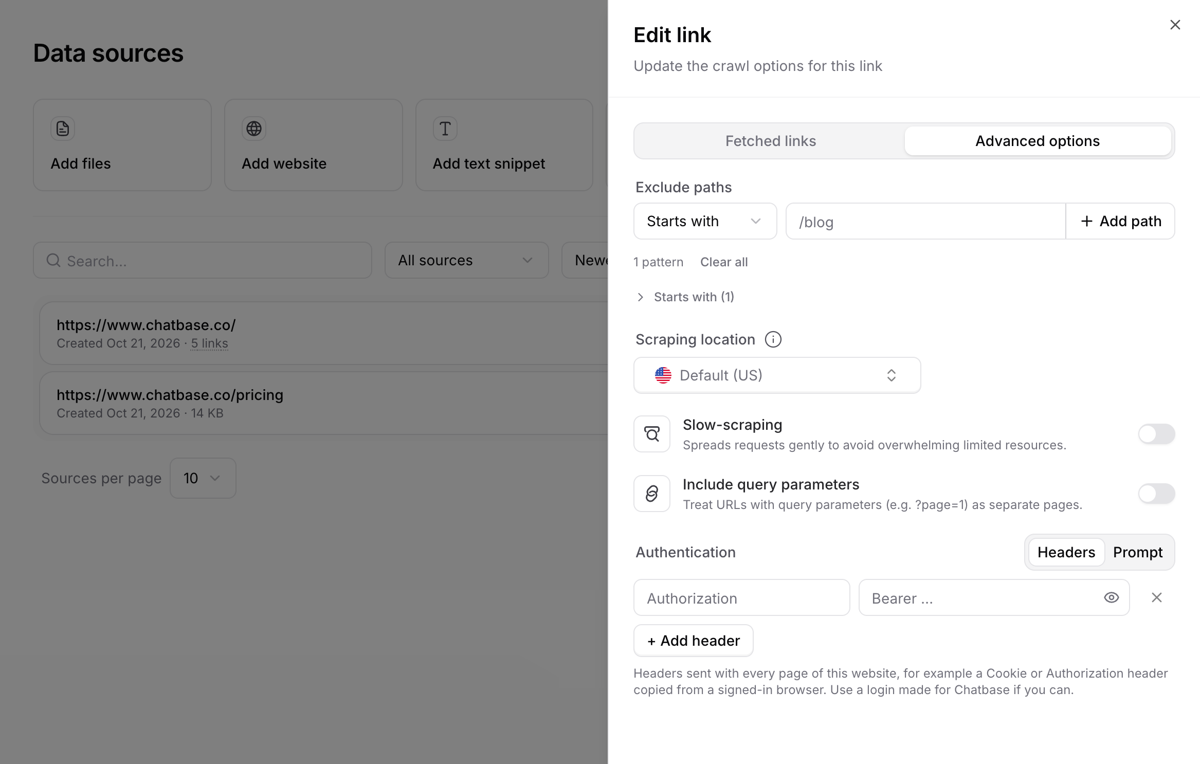 Advanced options tab with exclude paths, scraping location, slow-scraping, include query parameters, and authentication