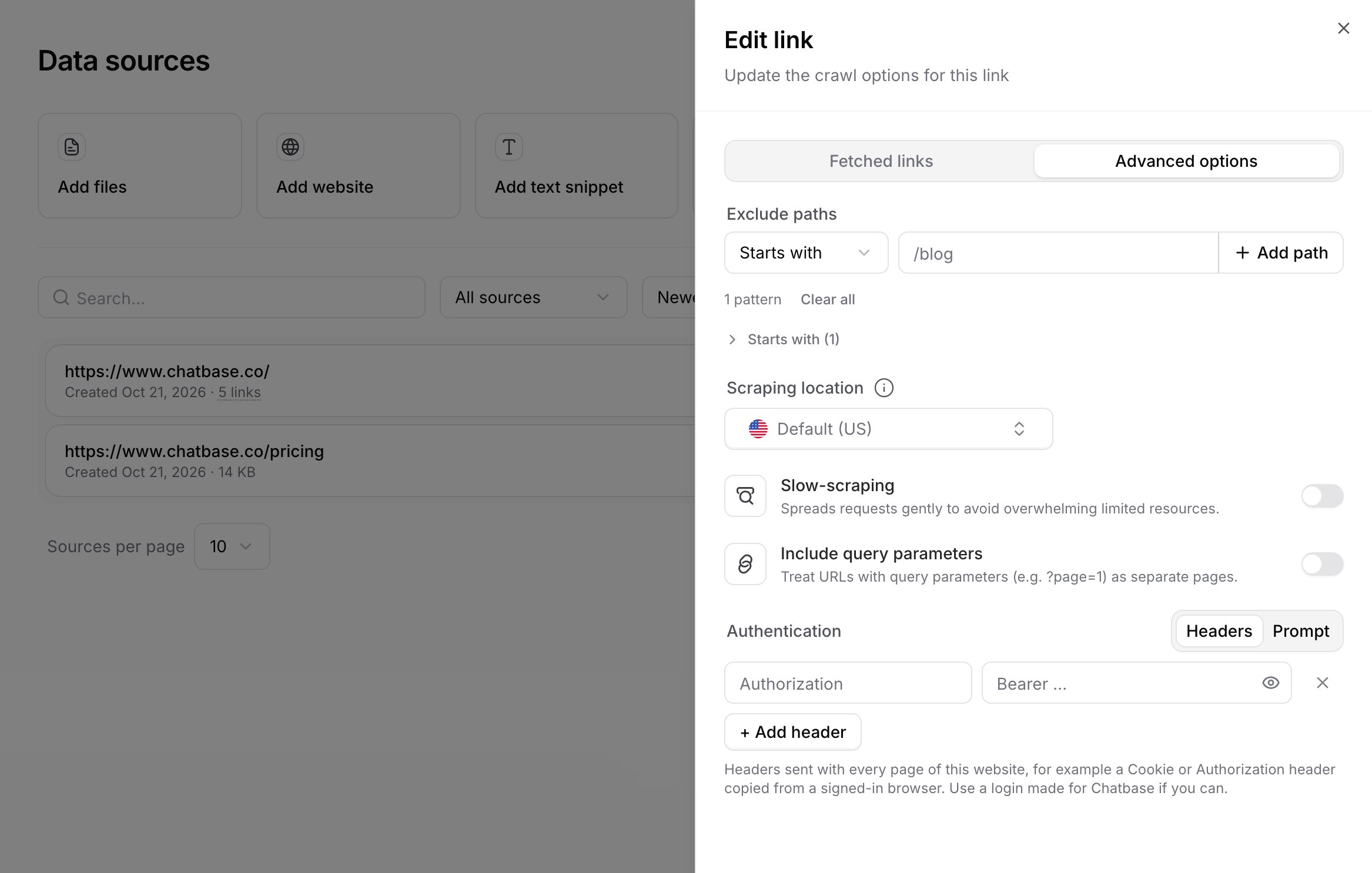 Advanced options tab with exclude paths, scraping location, slow-scraping, include query parameters, and authentication