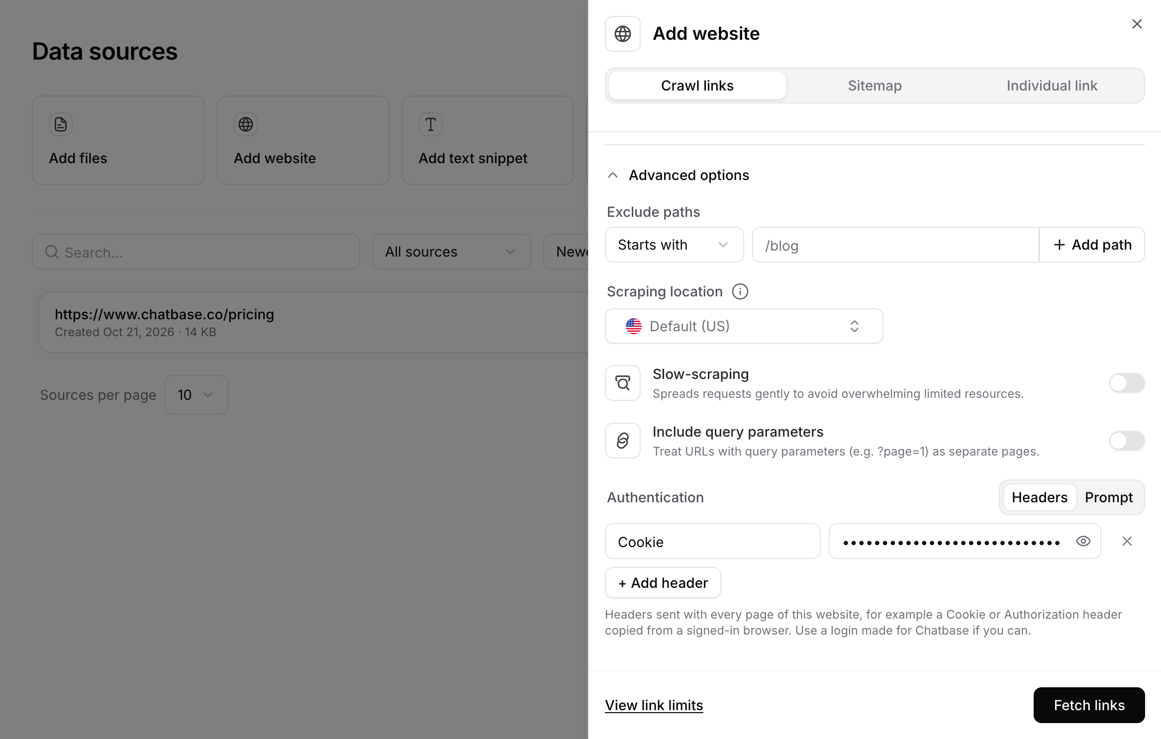 Authentication section with the Headers tab selected and a Cookie header whose value is hidden