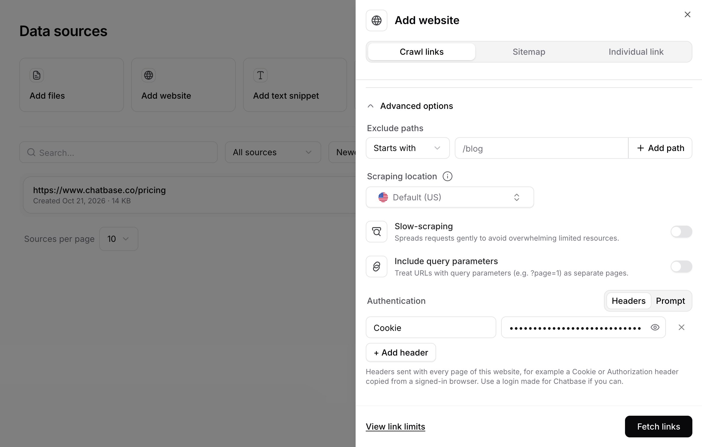 Authentication section with the Headers tab selected and a Cookie header whose value is hidden