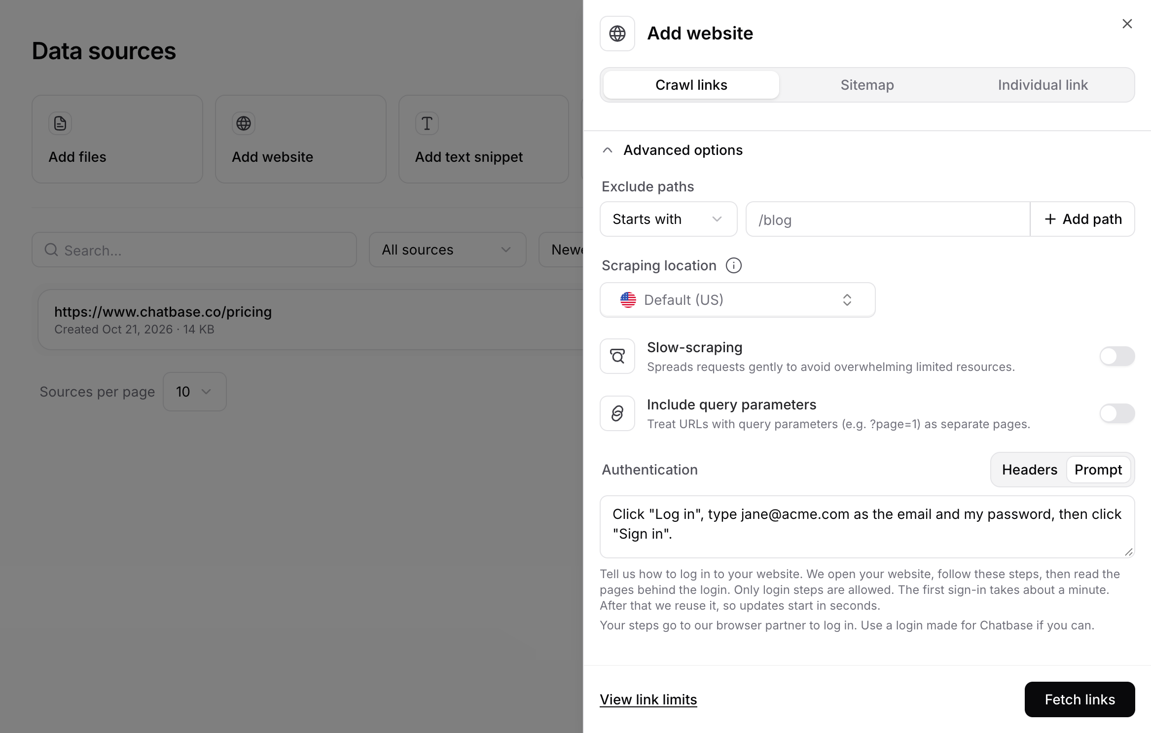 Authentication section in Advanced options with the Prompt tab selected and login steps entered
