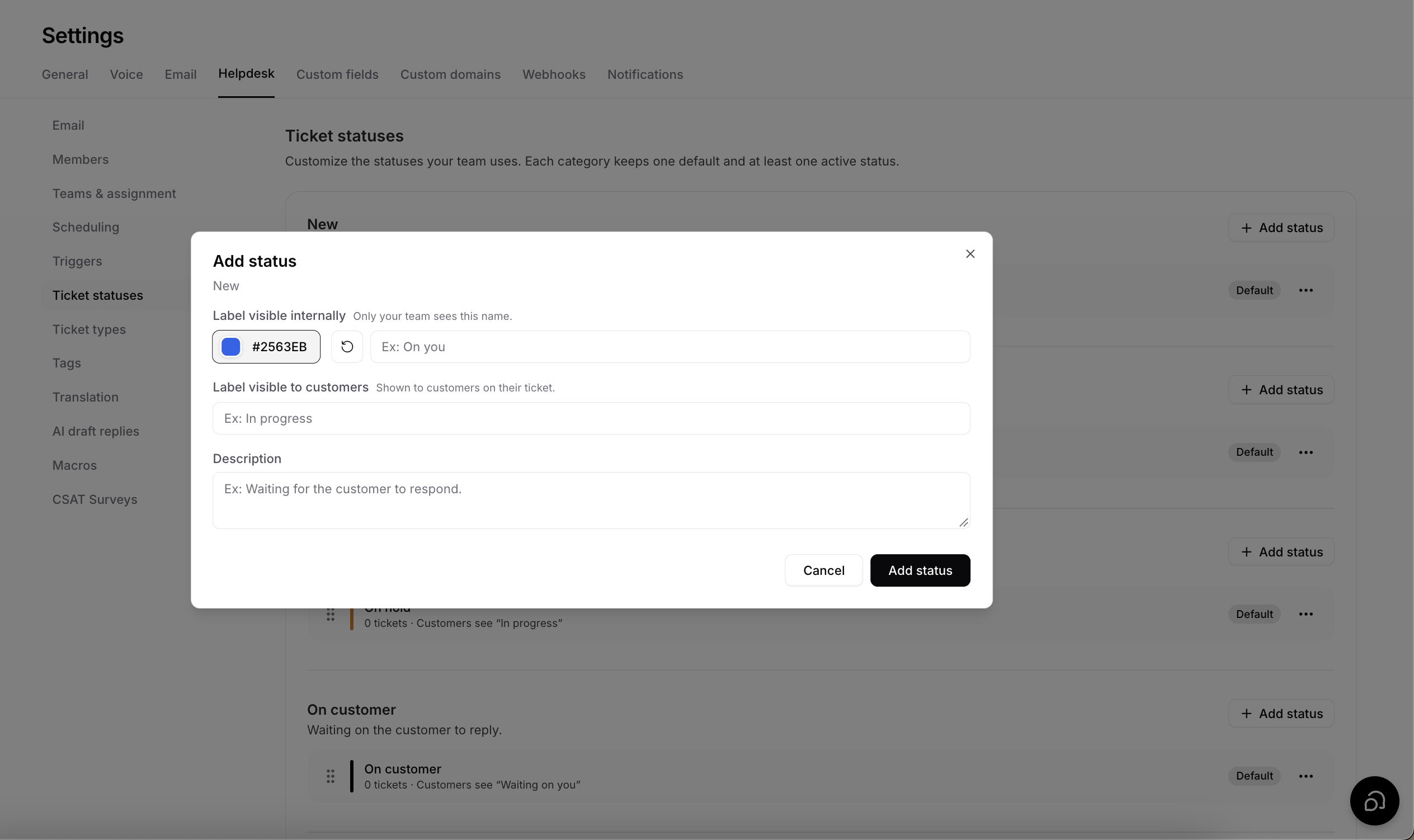 The Add status dialog showing the internal label, customer-facing label, and description fields