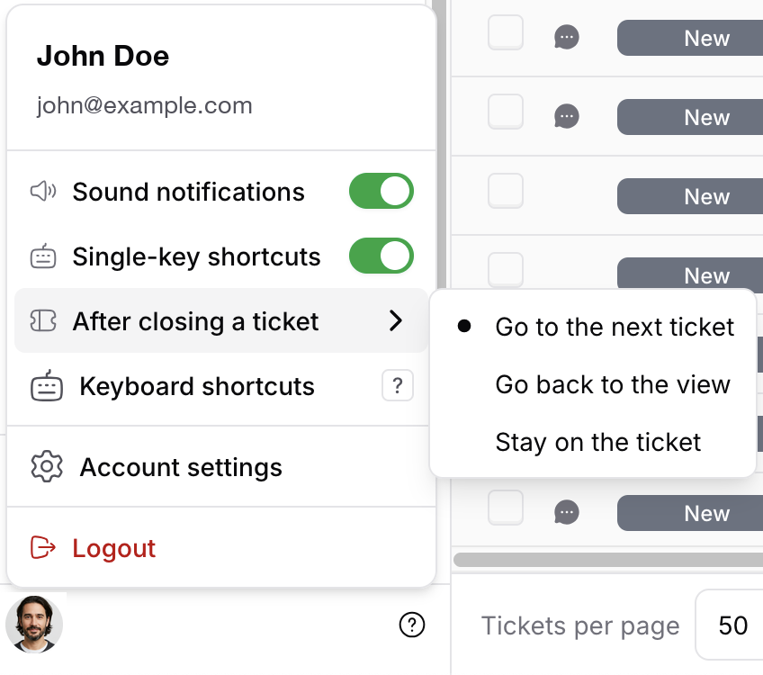 The profile menu with the After closing a ticket options