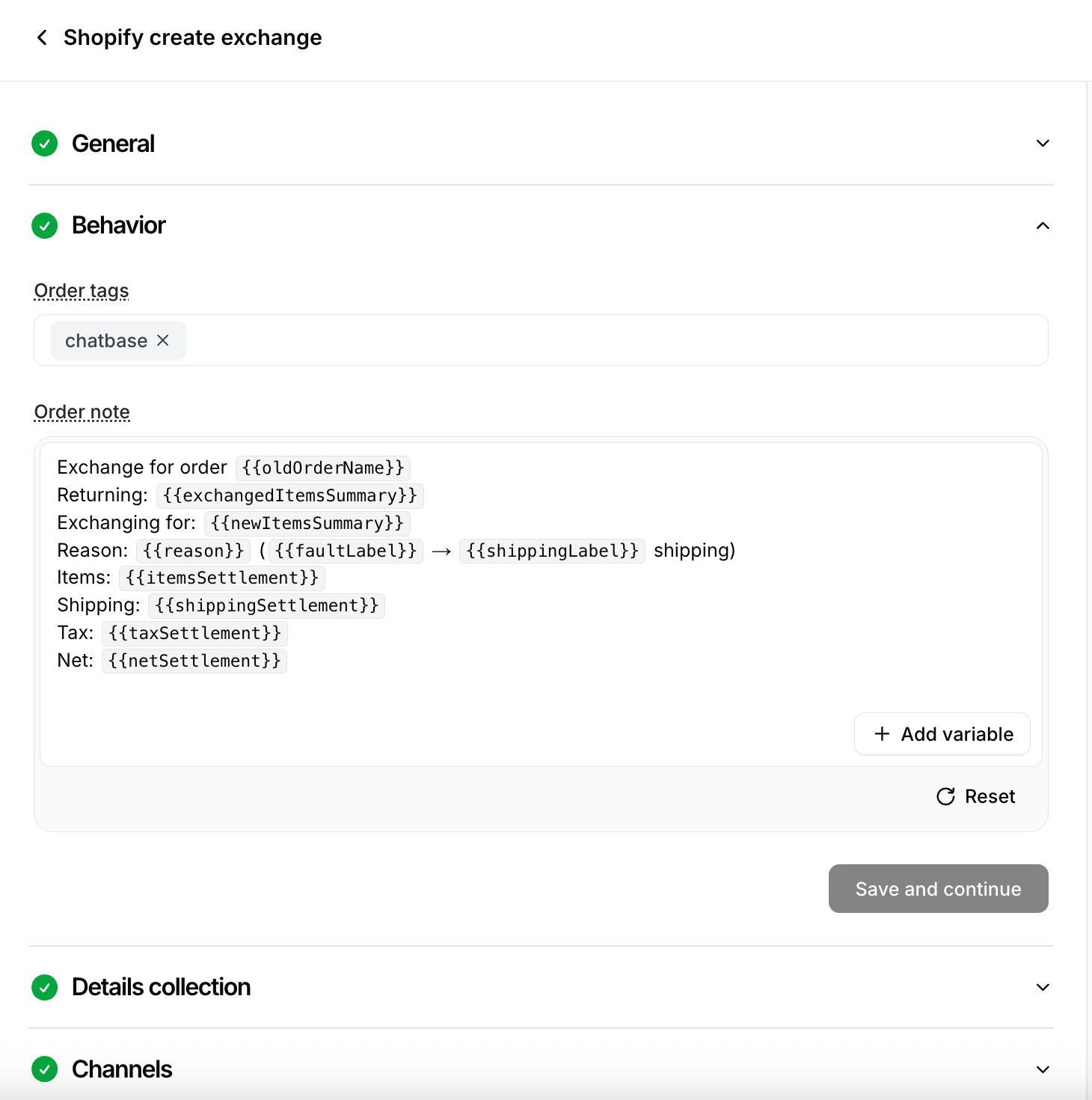 Create exchange behavior The Behavior section of the Shopify create exchange action, showing order tags and the order note template