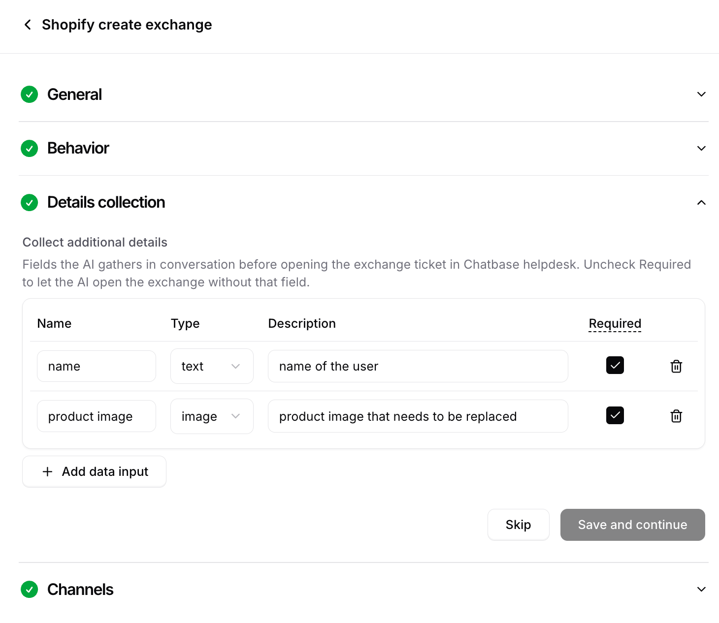 Collect additional details The Collect additional details section, with a data input configured for a product image