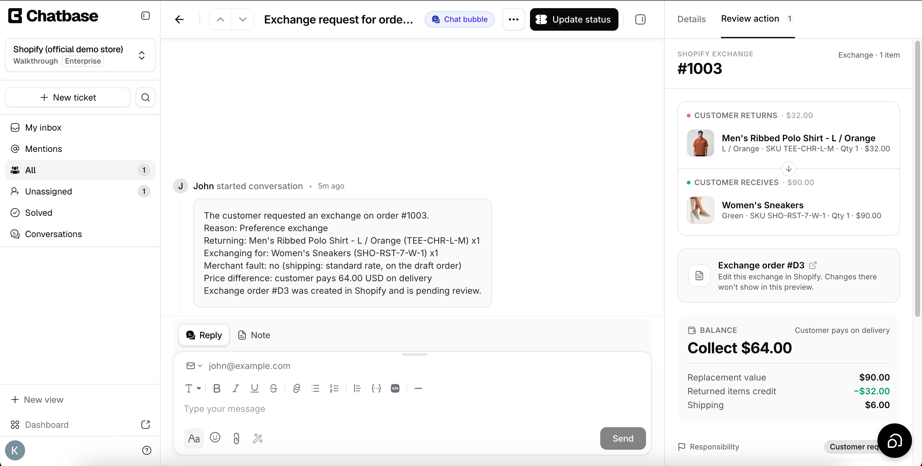 Exchange review action The Review action tab showing returned items, replacement items, and the balance to collect