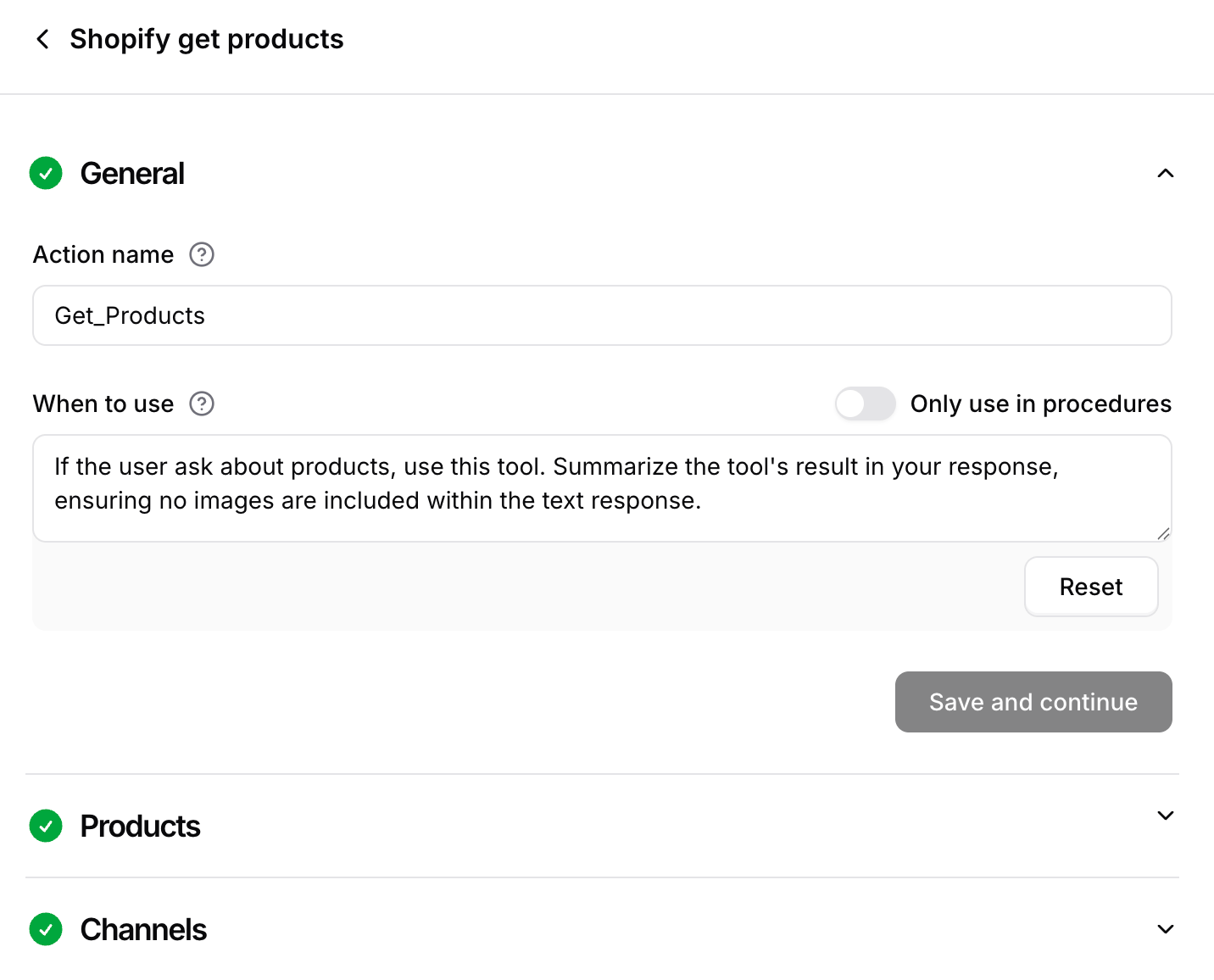Shopify get products general settings General settings for the Shopify get products action