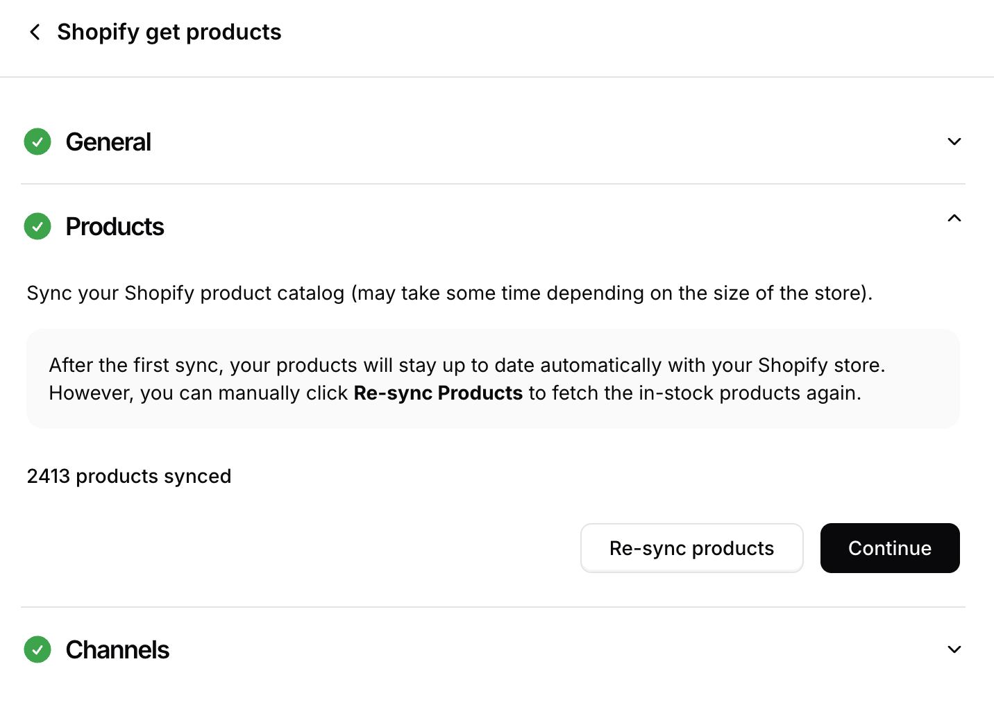 The Products section of the Shopify get products action, with the Sync products button