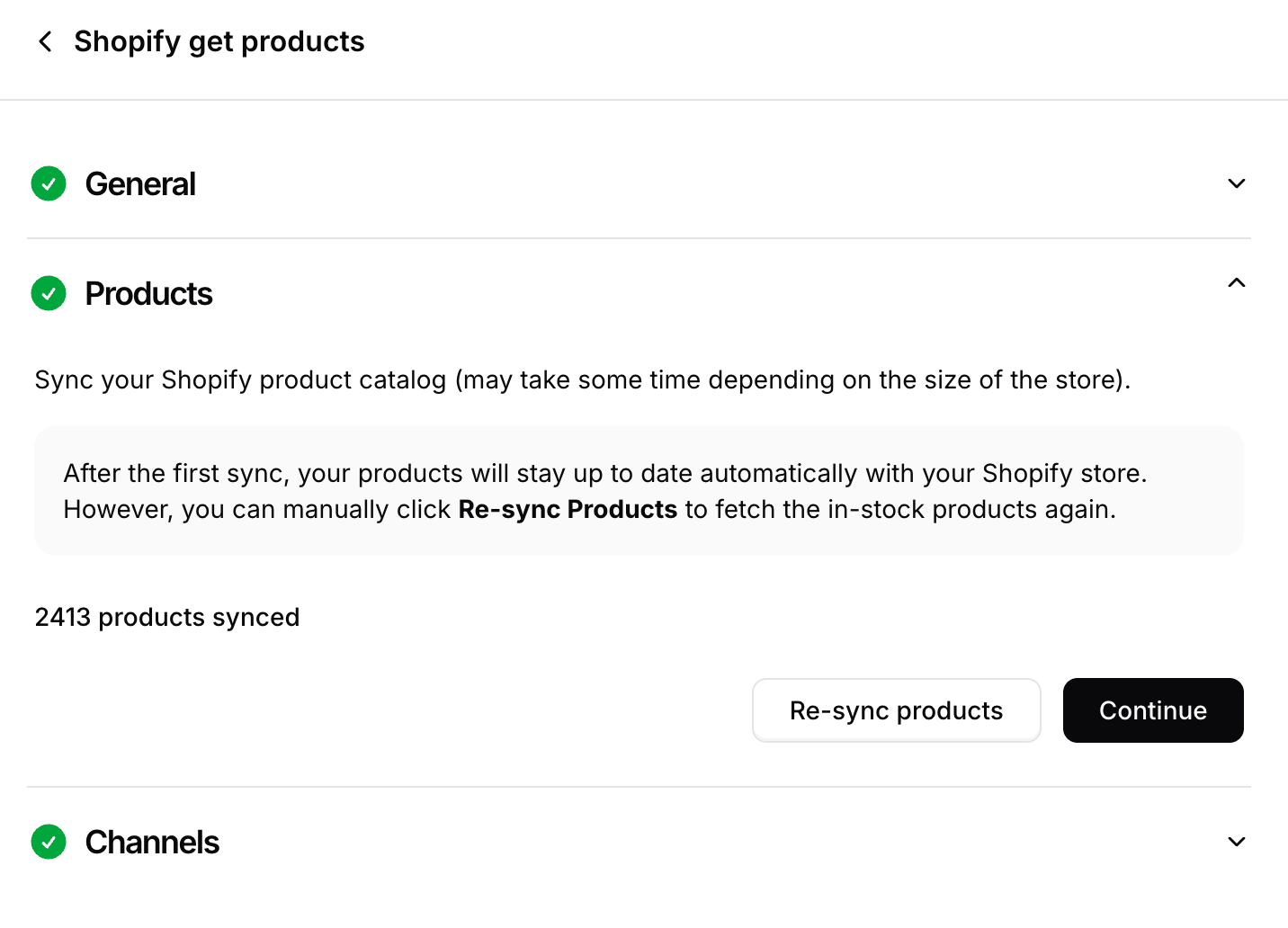 Sync products The Products section of the Shopify get products action, with the Sync products button