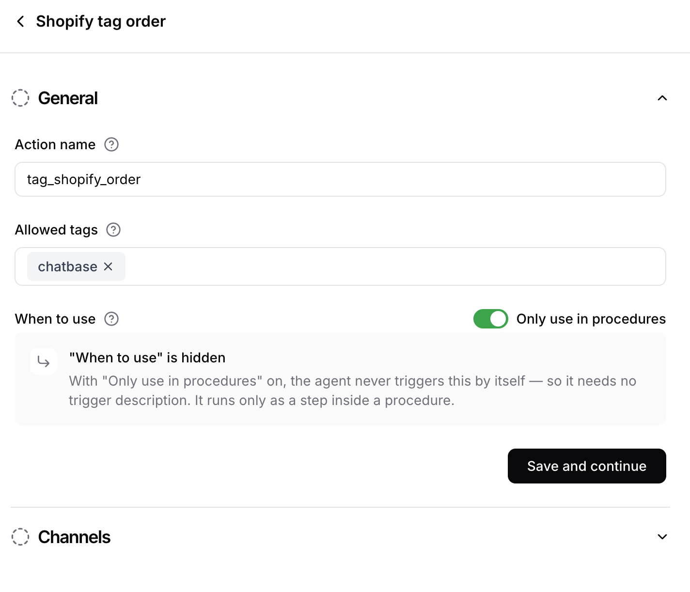 General settings for the Shopify tag order action, including the allowed tags list