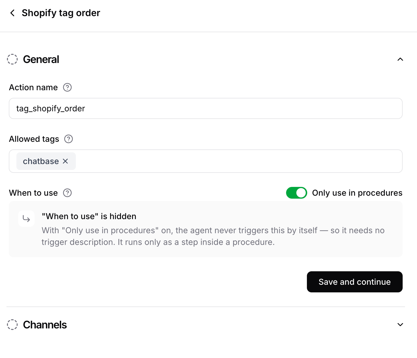 Tag order general settings General settings for the Shopify tag order action, including the allowed tags list