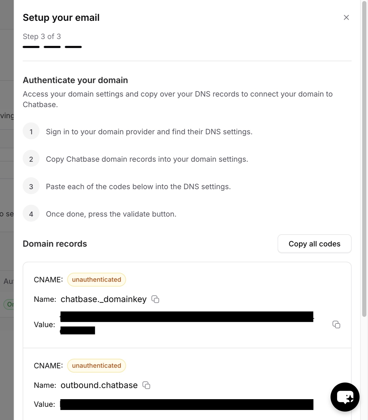 DNS records displayed in Email settings