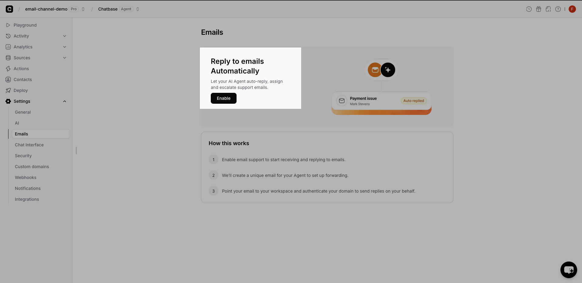 Email settings section in the AI agent settings