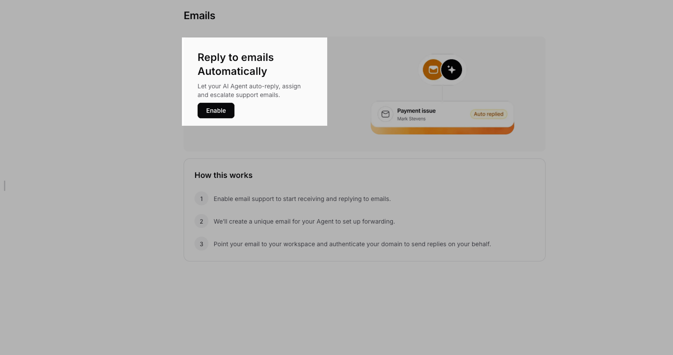 Email settings section in the AI agent settings