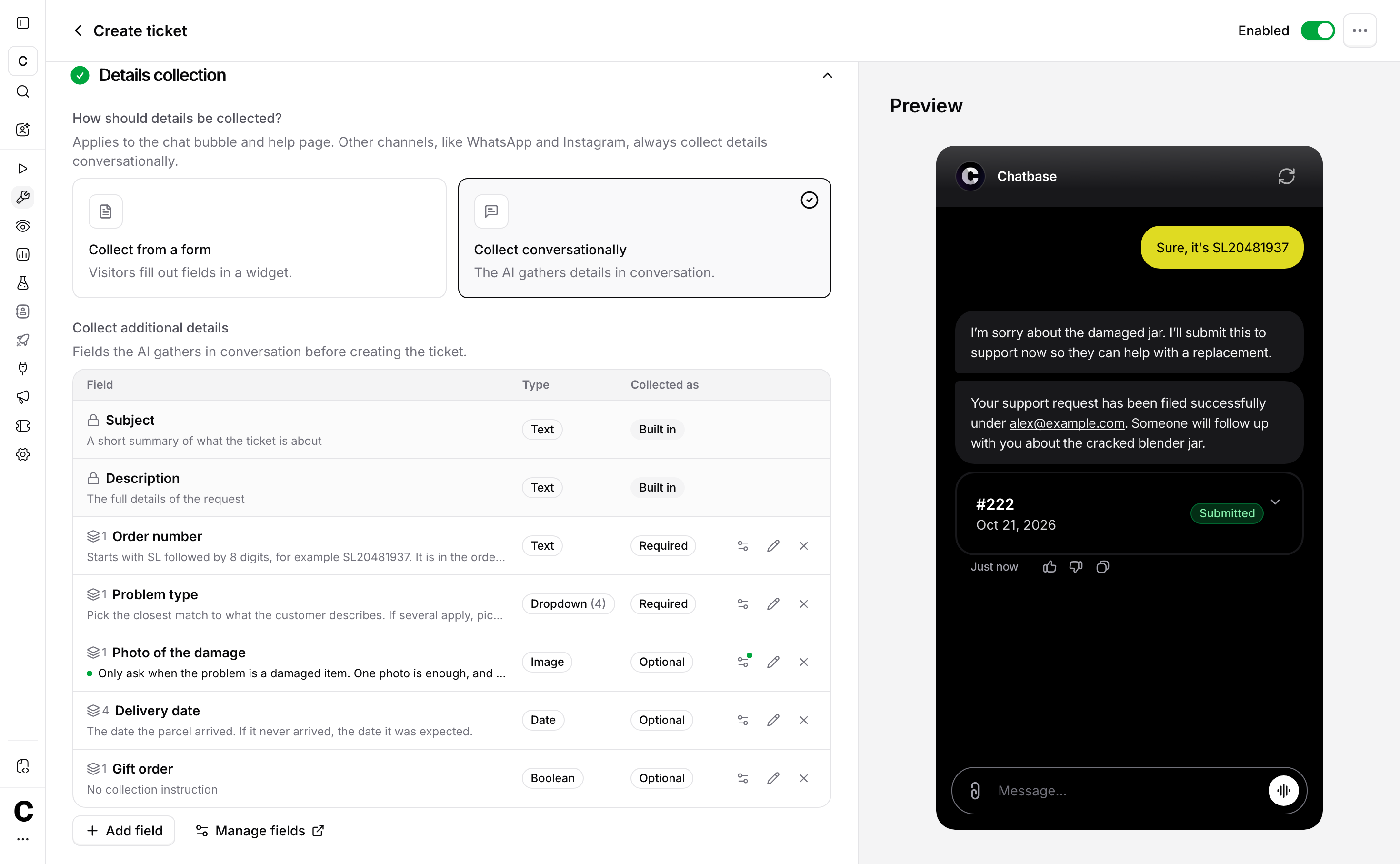 Create ticket action listing the collected fields, each with its collection instruction and a Required or Optional badge