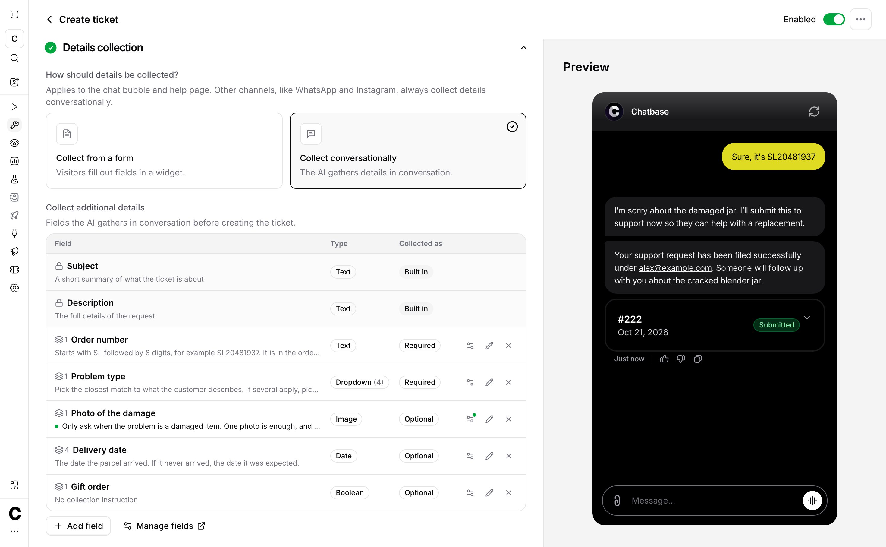 Create ticket action listing the collected fields, each with its collection instruction and a Required or Optional badge