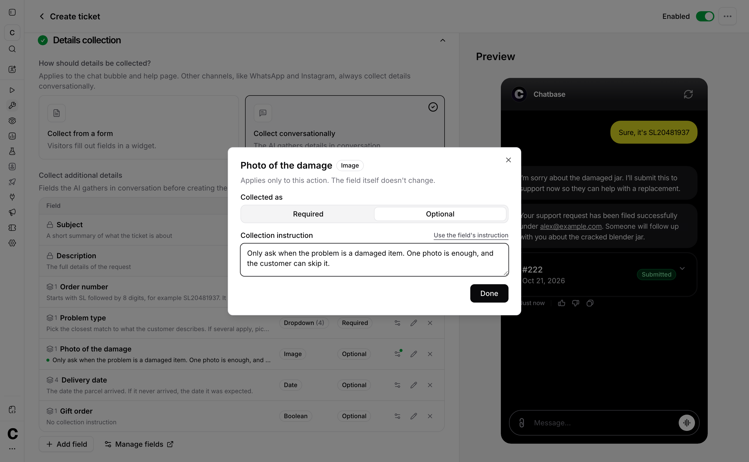 Field settings for one action, with Required or Optional and a custom collection instruction