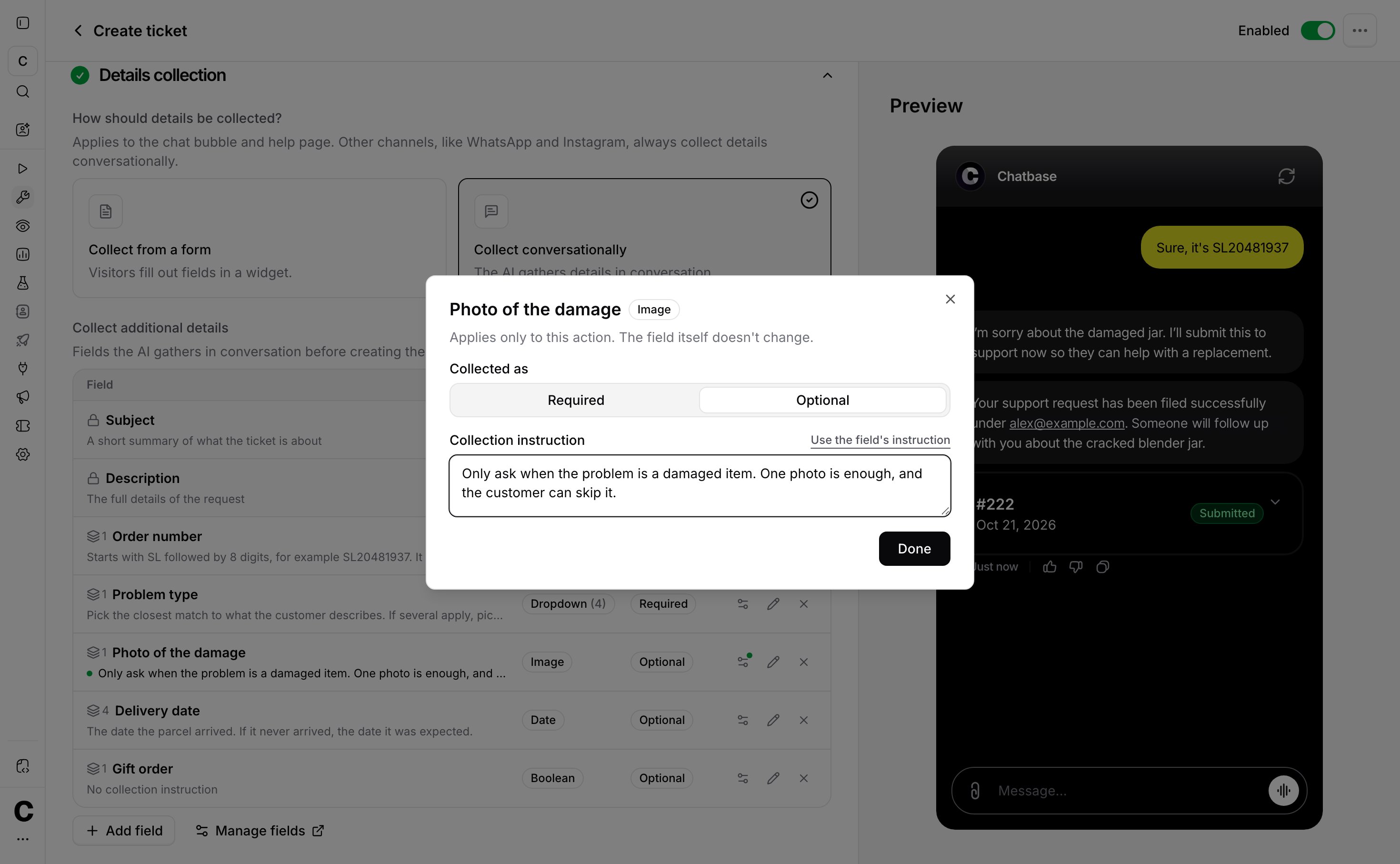 Field settings for one action, with Required or Optional and a custom collection instruction