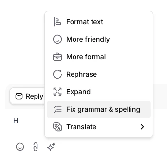 AI compose dropdown menu with formatting, tone, and translation options