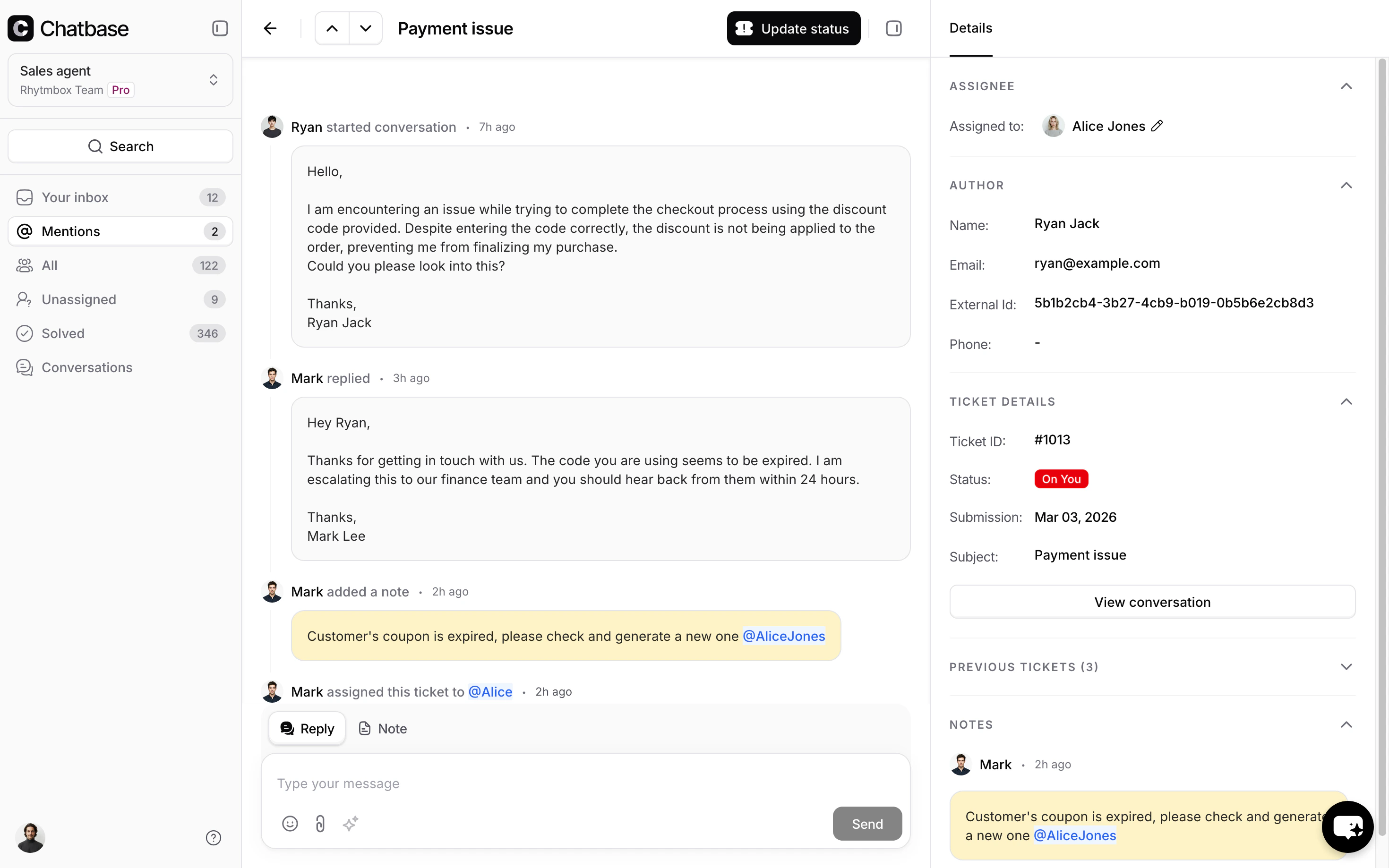 Conversation thread with customer replies, internal notes, and system events