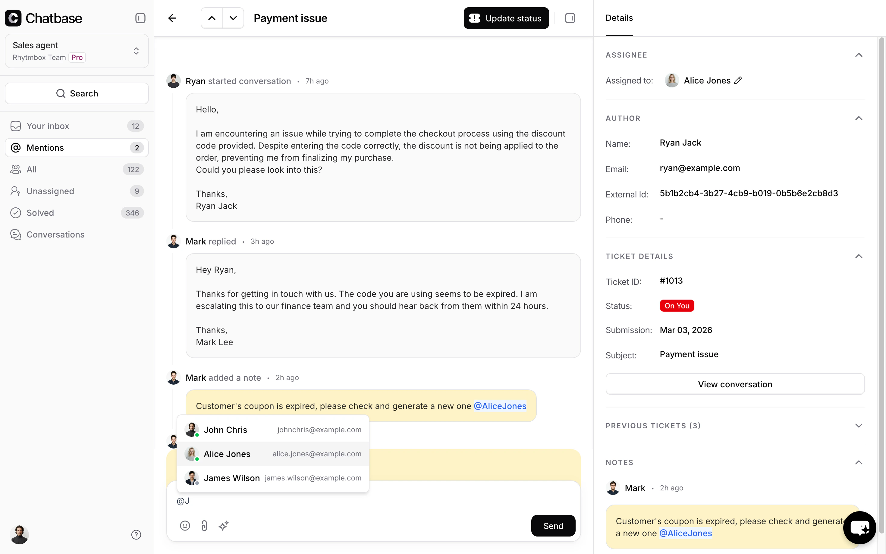 Agent mention dropdown showing team members with availability status indicators