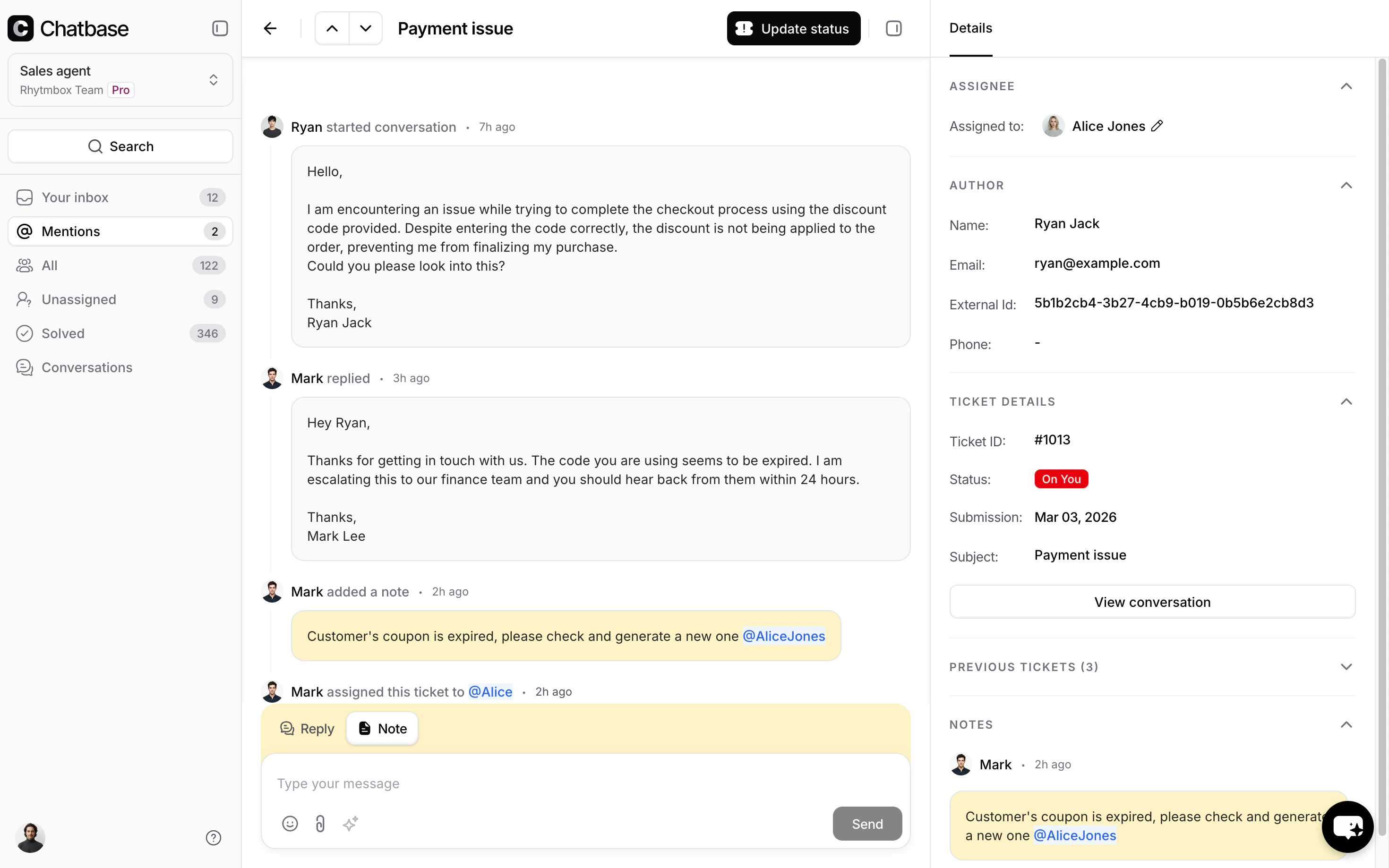 Ticket view showing an @mention in an internal note and the Mentions count in the sidebar