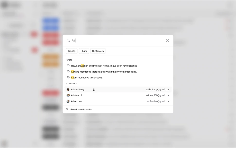 Search modal with Tickets and Customers tabs
