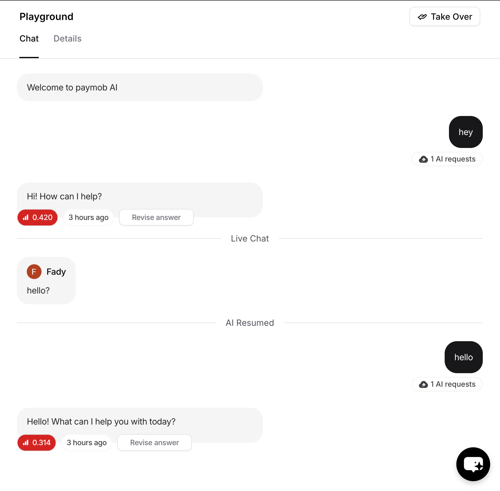 Conversation timeline showing Live Chat and AI Resumed separators across multiple takeover cycles