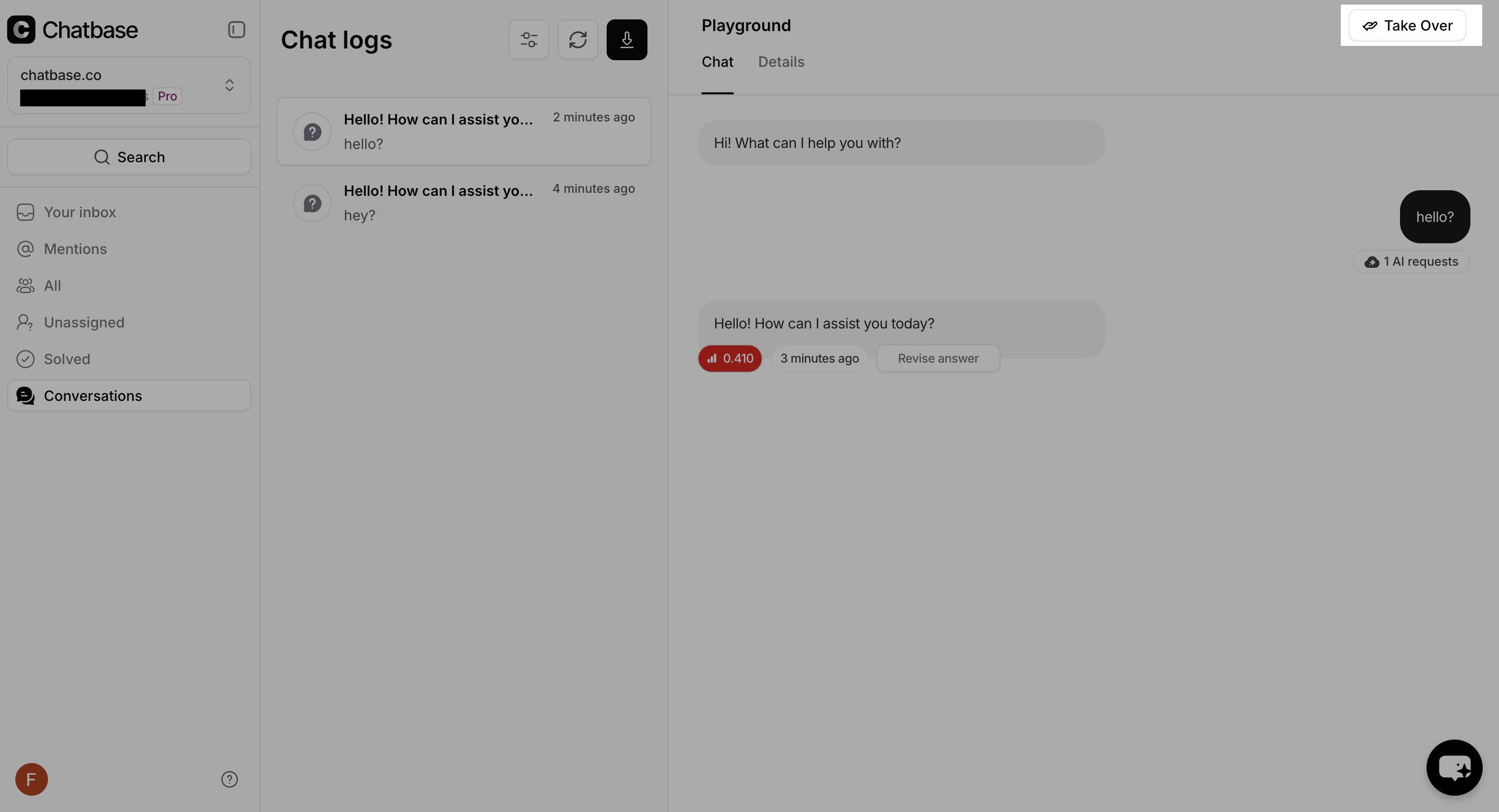 Take Over button in the conversation header