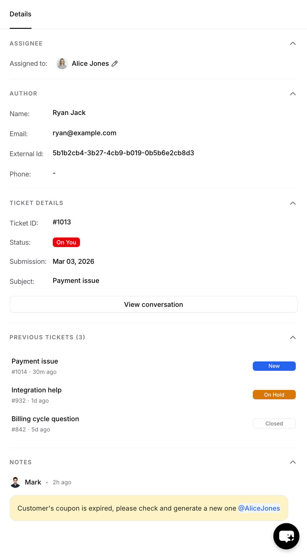 Ticket details panel showing assignee, author info, ticket details, previous tickets, and notes sections