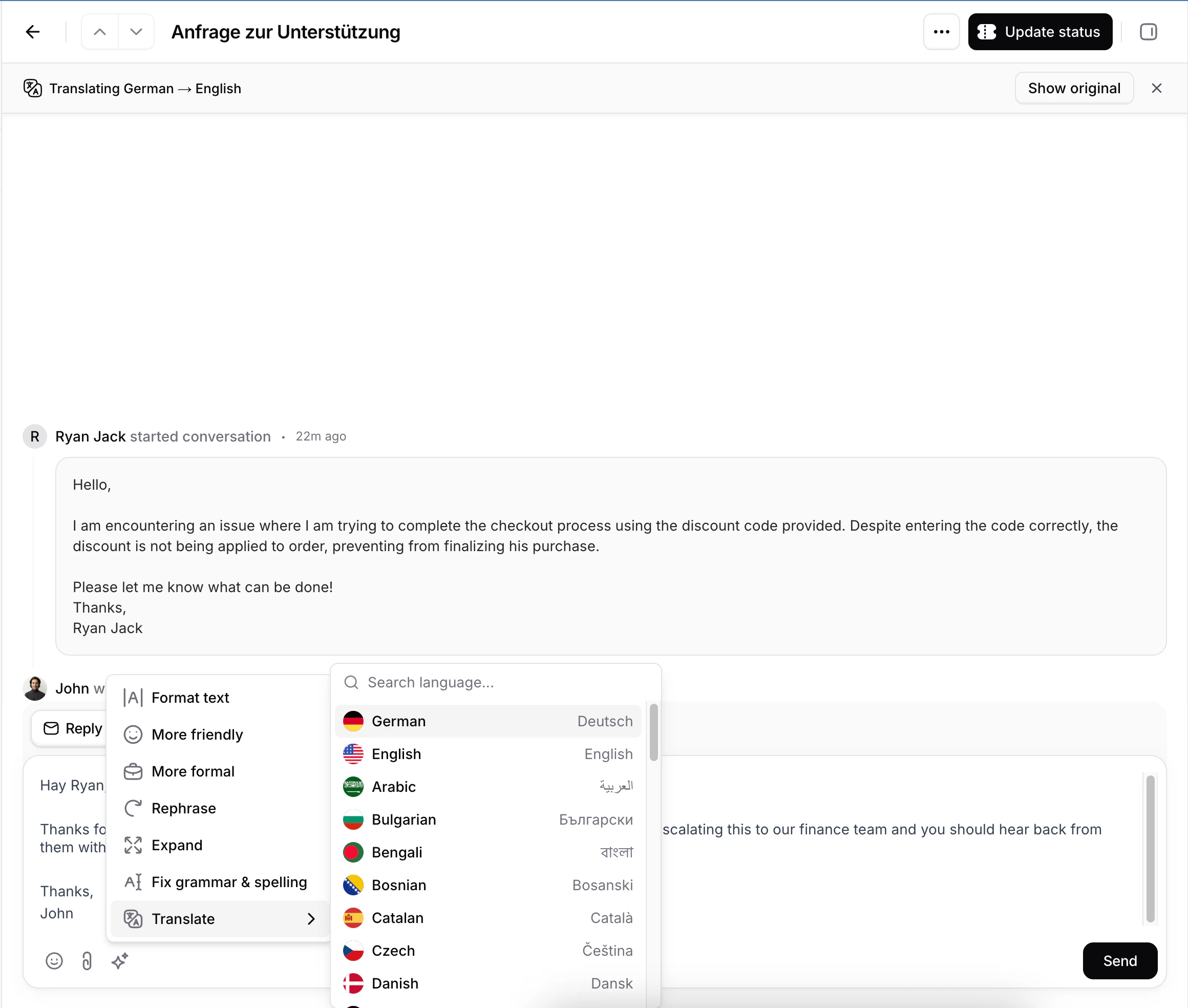 Ticket view showing translated messages in English with the Show original button