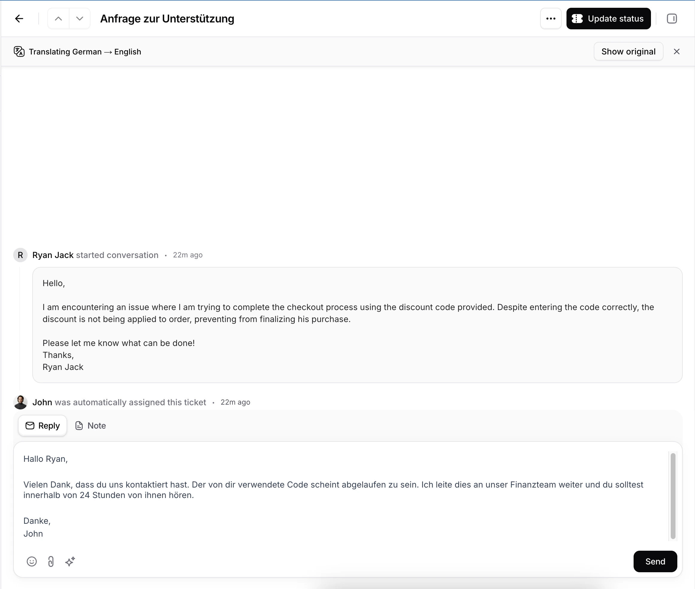 Ticket view showing translated messages in English with the Show original button