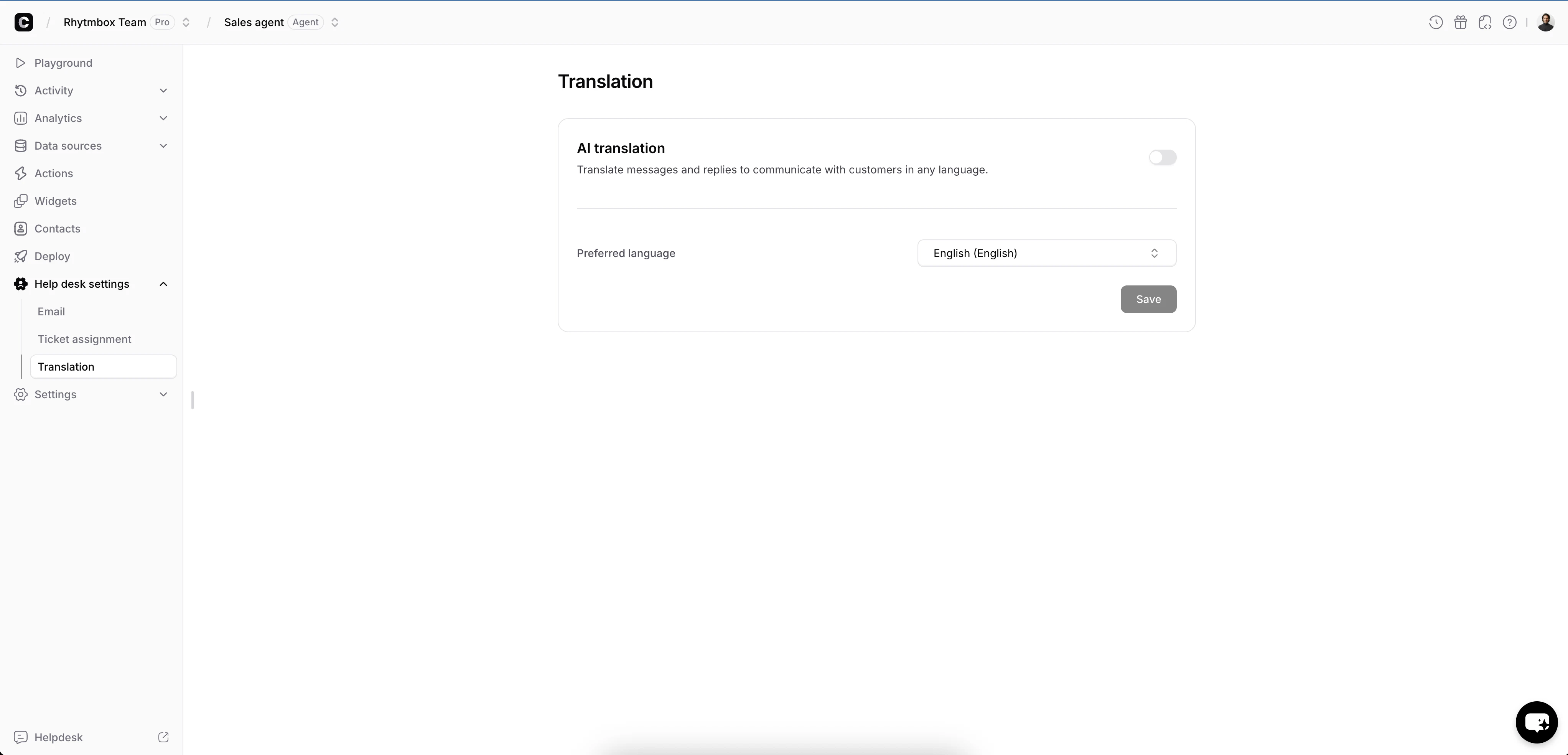 Translation settings page showing the Enable button and how-it-works overview