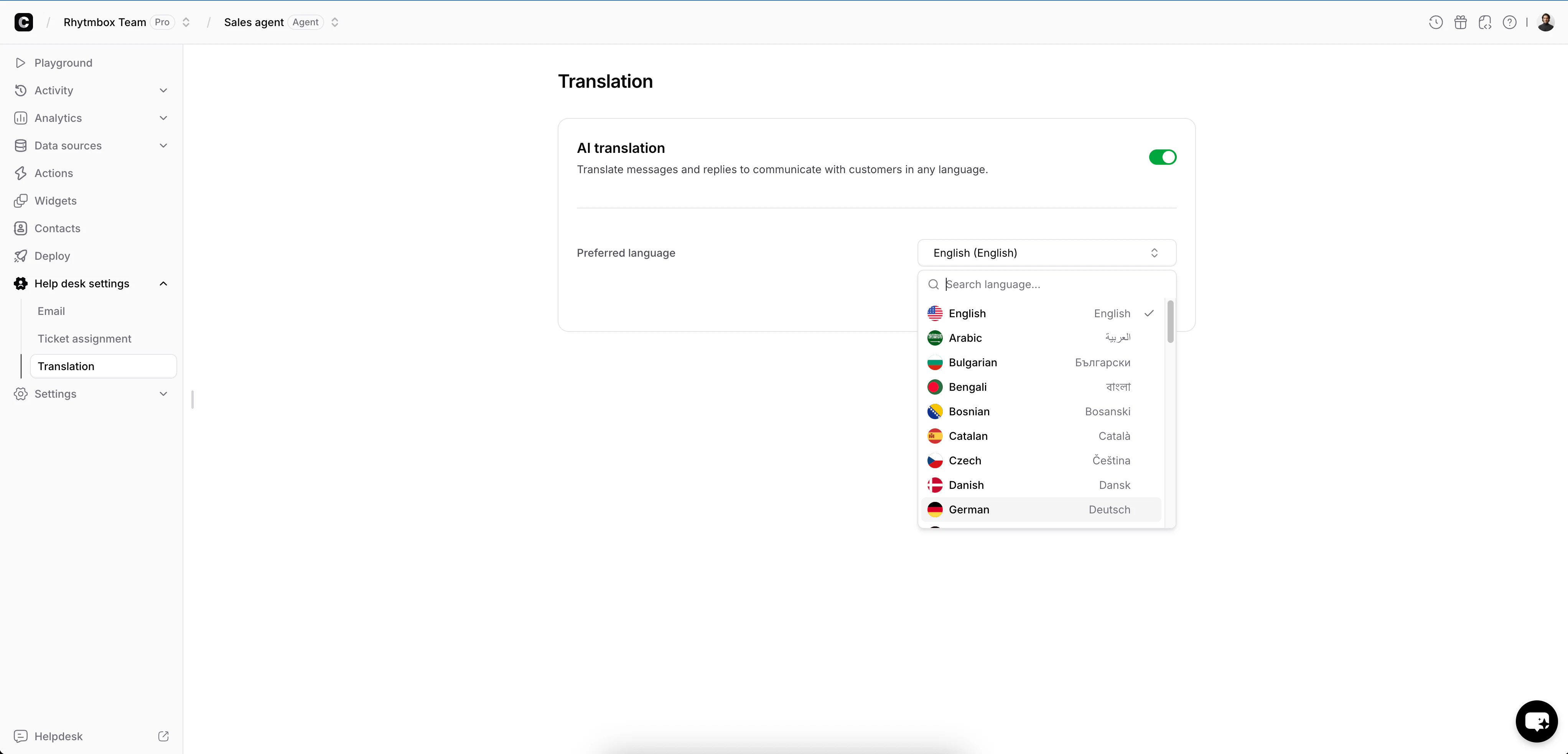 Translation settings with AI translation toggle enabled and preferred language set to English