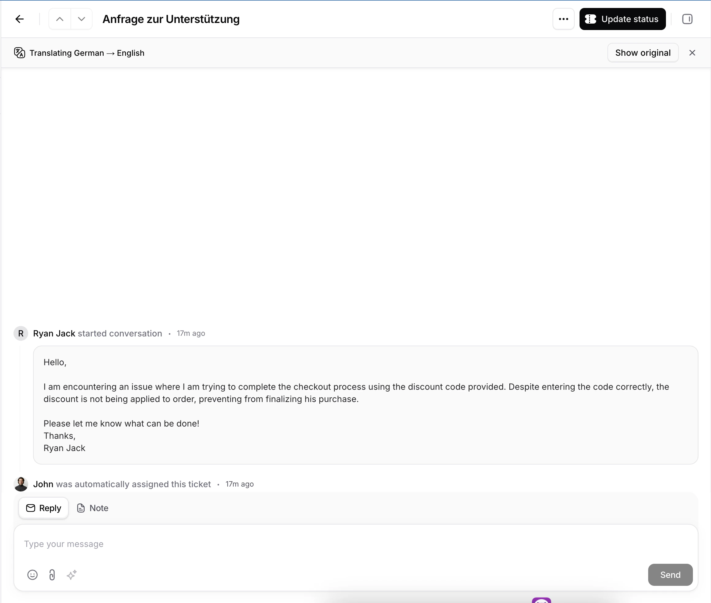 Ticket view showing translated messages in English with the Show original button