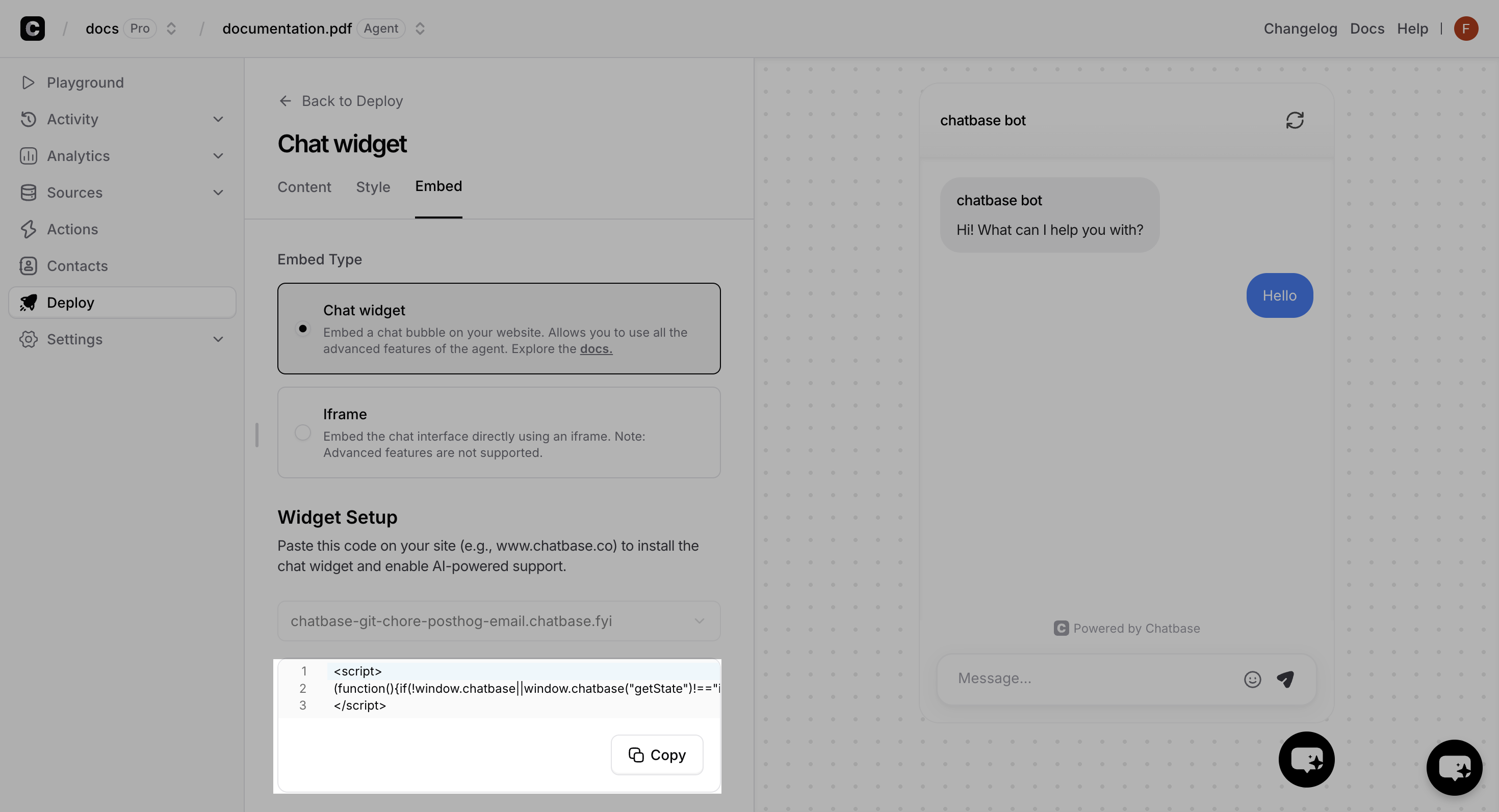 JavaScript embed code ready to copy