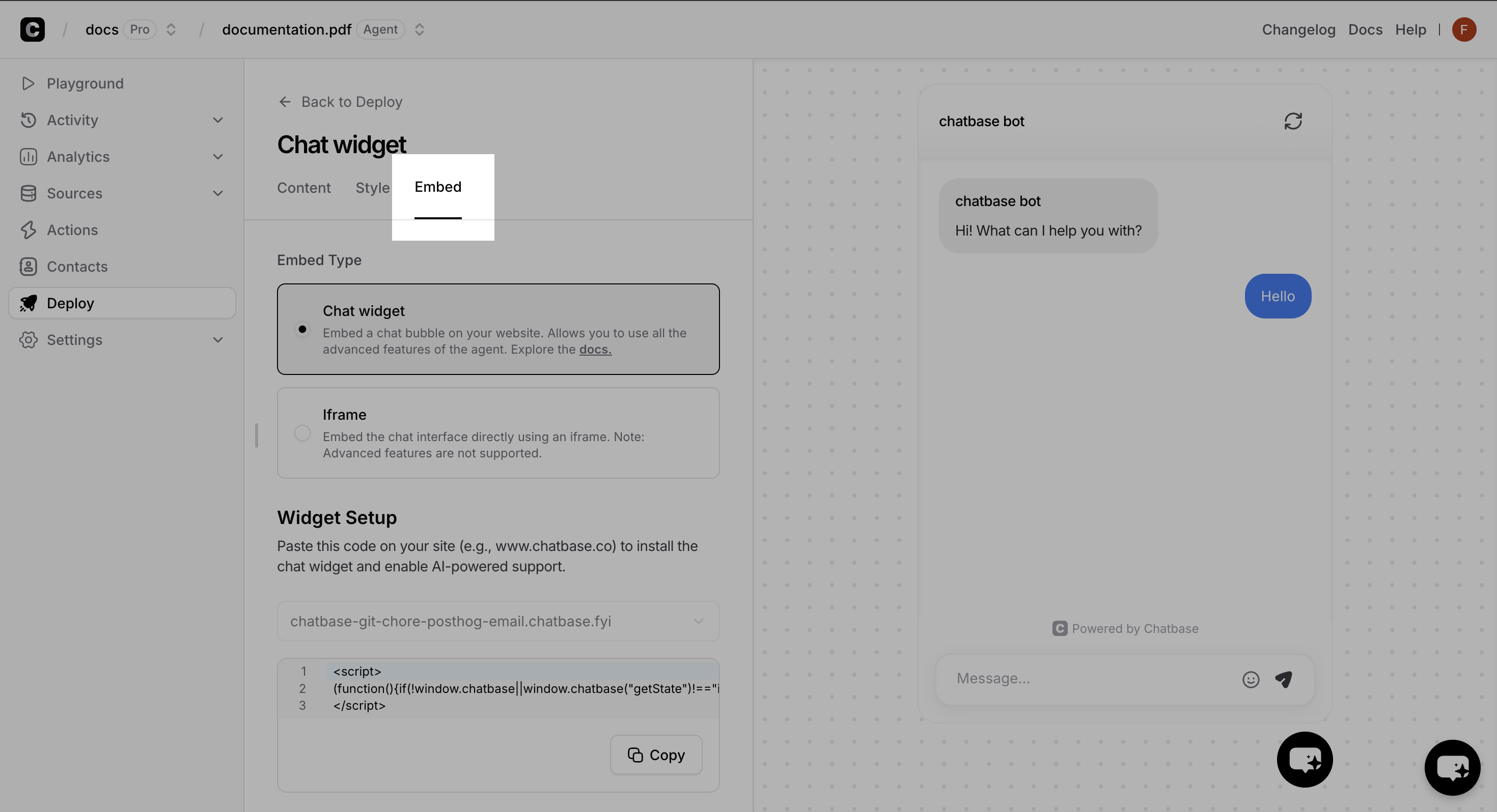 chat widget embed tab