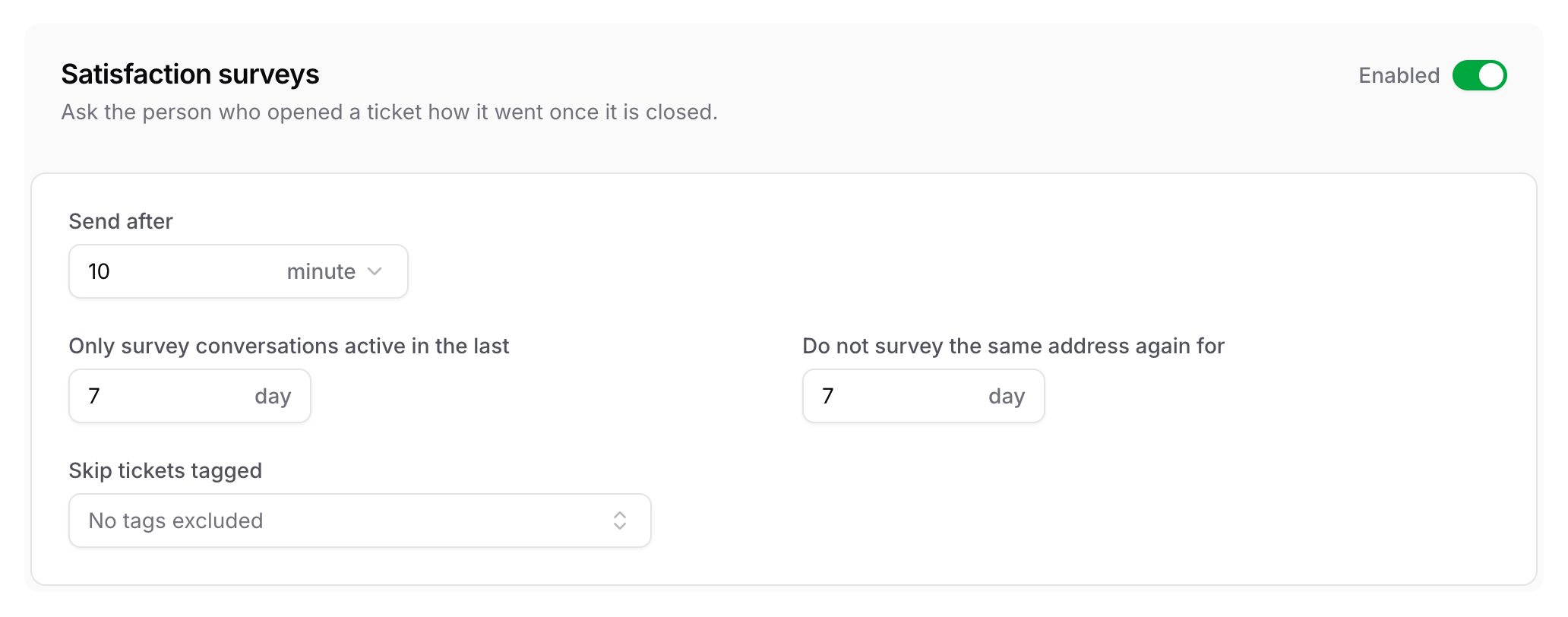 The Satisfaction surveys card with the switch, delay, activity window, cooldown and excluded tags