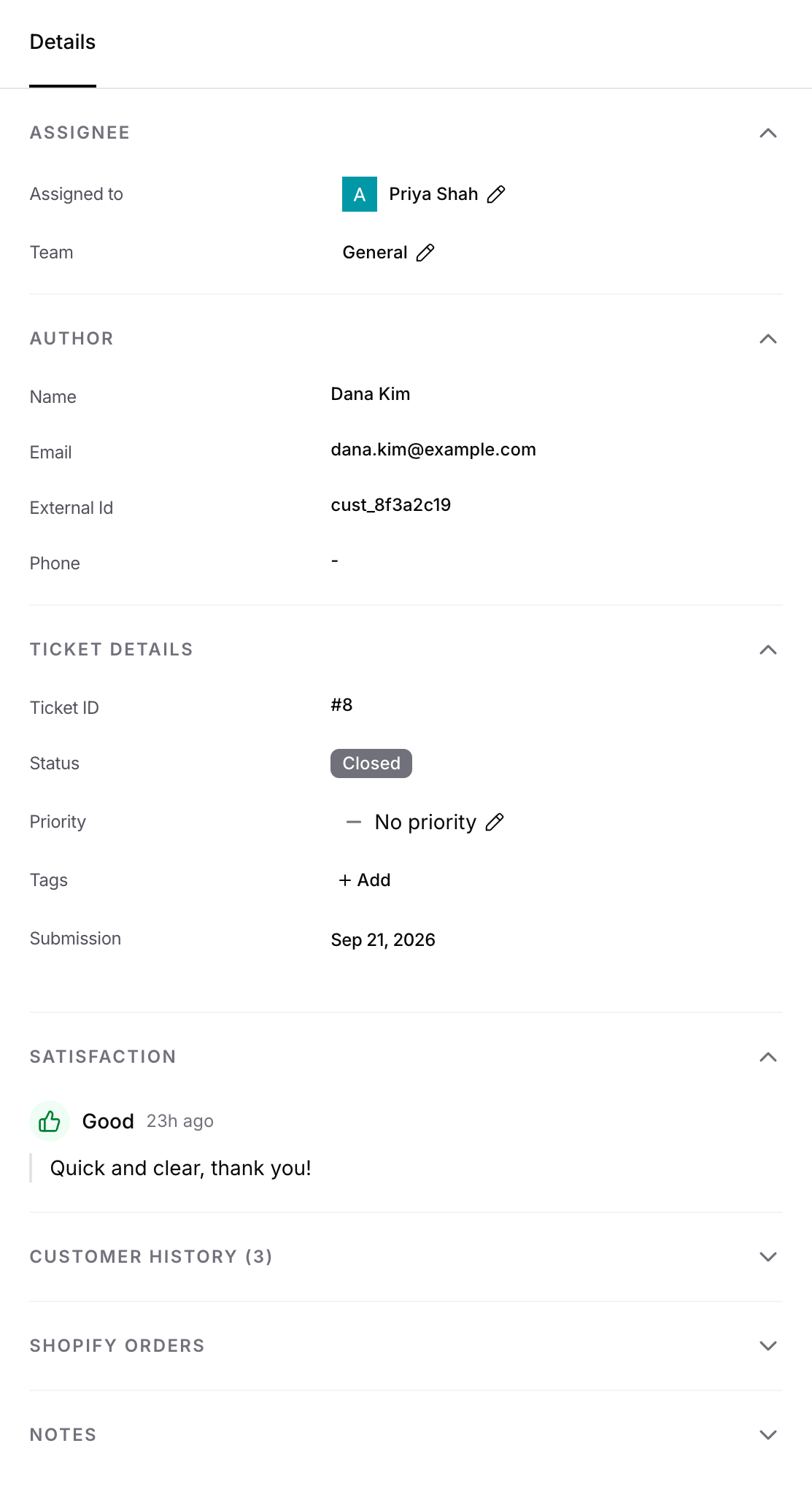 The ticket details sidebar with the Satisfaction section showing a Good rating and the comment