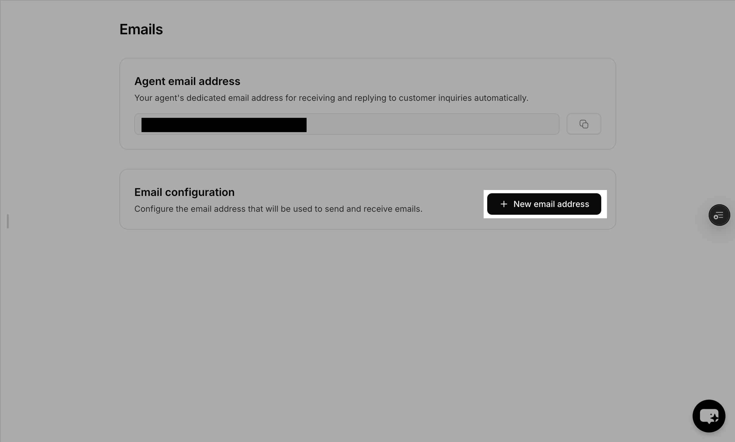 New email address button in Email settings