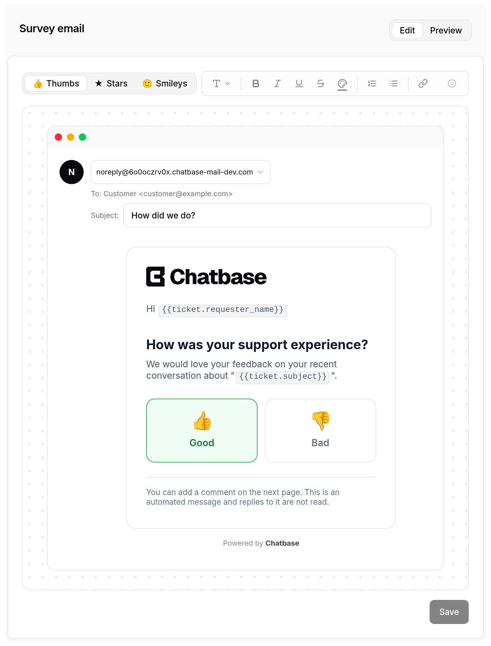 The Survey email card in Edit mode, with the scale tabs, the formatting toolbar and the email canvas