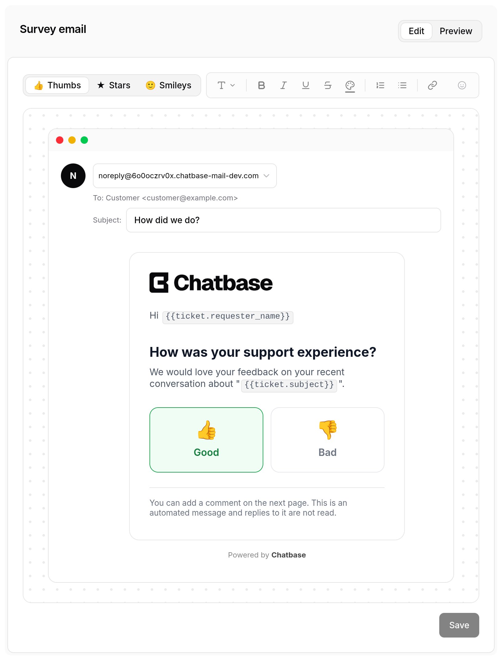 The Survey email card in Edit mode, with the scale tabs, the formatting toolbar and the email canvas