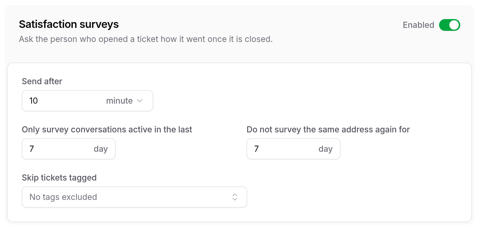 The Satisfaction surveys card with the switch, delay, activity window, cooldown and excluded tags