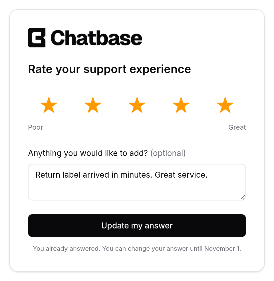 The survey page with five stars selected, the Poor and Great captions, a comment and the Update my answer button