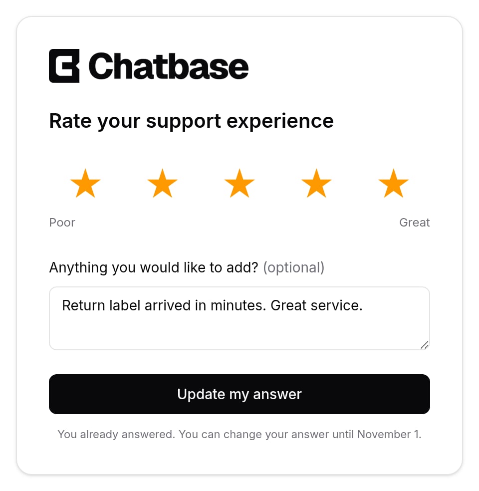 The survey page with five stars selected, the Poor and Great captions, a comment and the Update my answer button