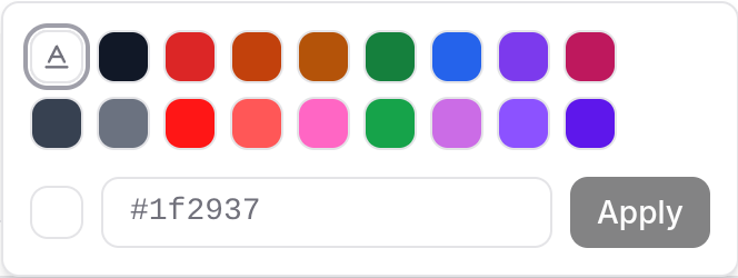 The text colour picker with the Default swatch, two rows of colours and the hex field