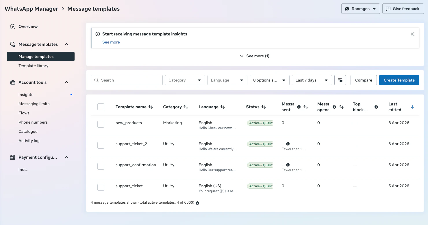 WhatsApp Manager Message Templates page