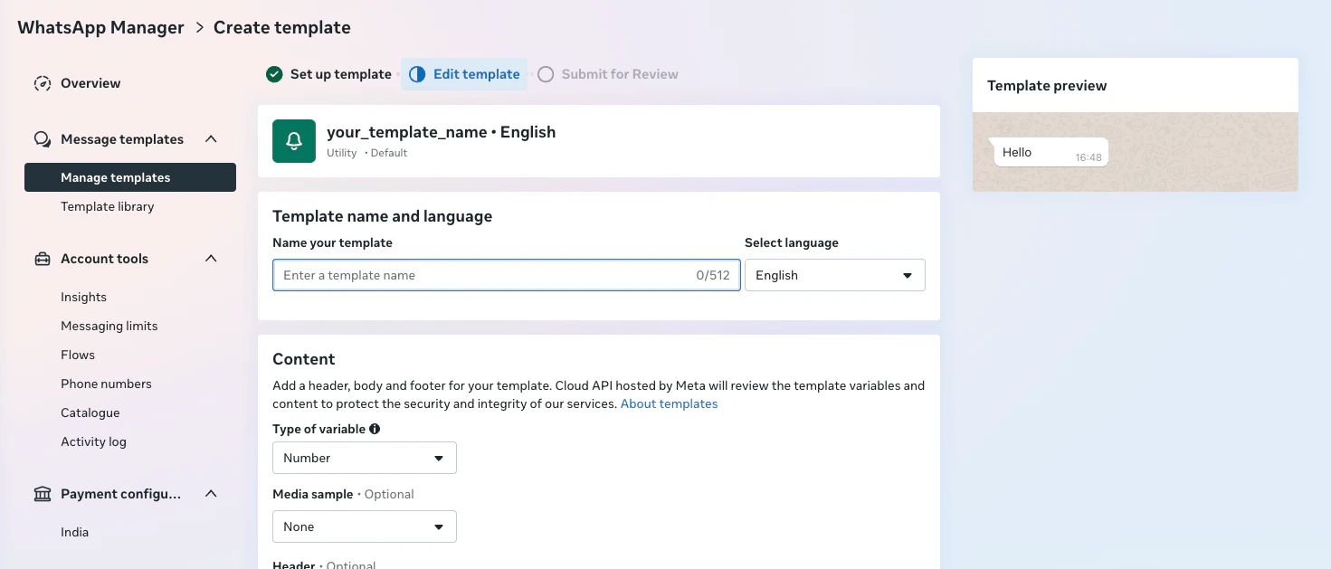 Enter template name and select language
