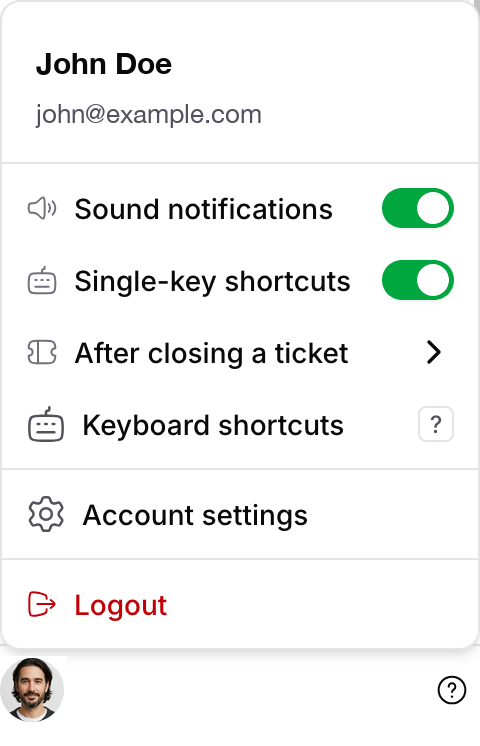 Profile menu with sound notifications, single-key shortcuts, after closing a ticket, keyboard shortcuts, account settings and logout